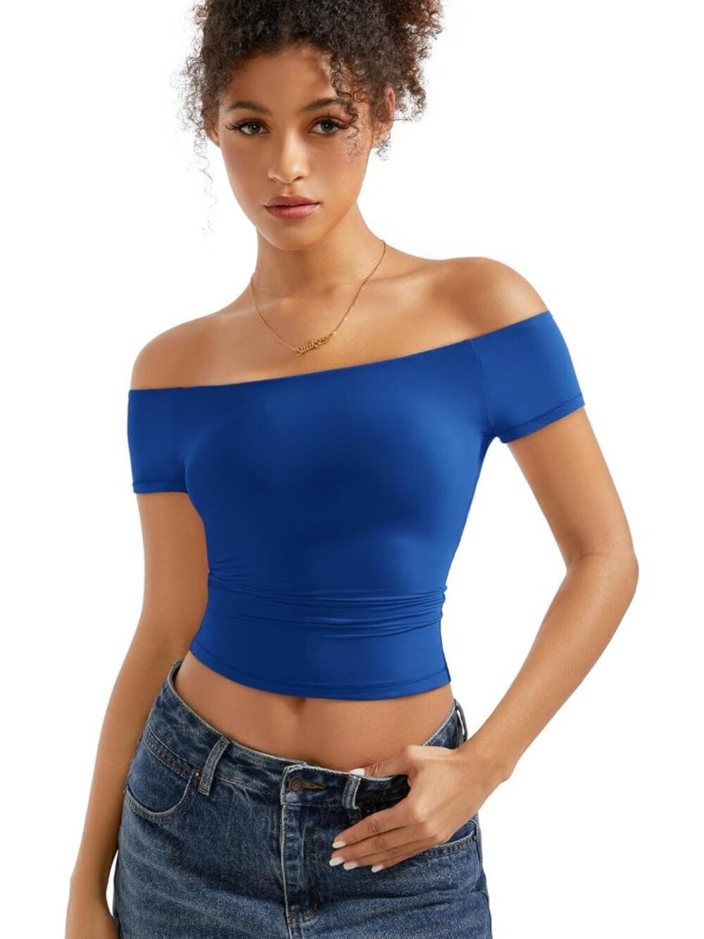Women's Sapphire Blue Off The Shoulder Double Lined Slim Fit Imported Tops Shirt - Picture 4 of 7